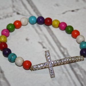 Beautiful sparkling silver cross with dyed howlite beaded bracelet 8"